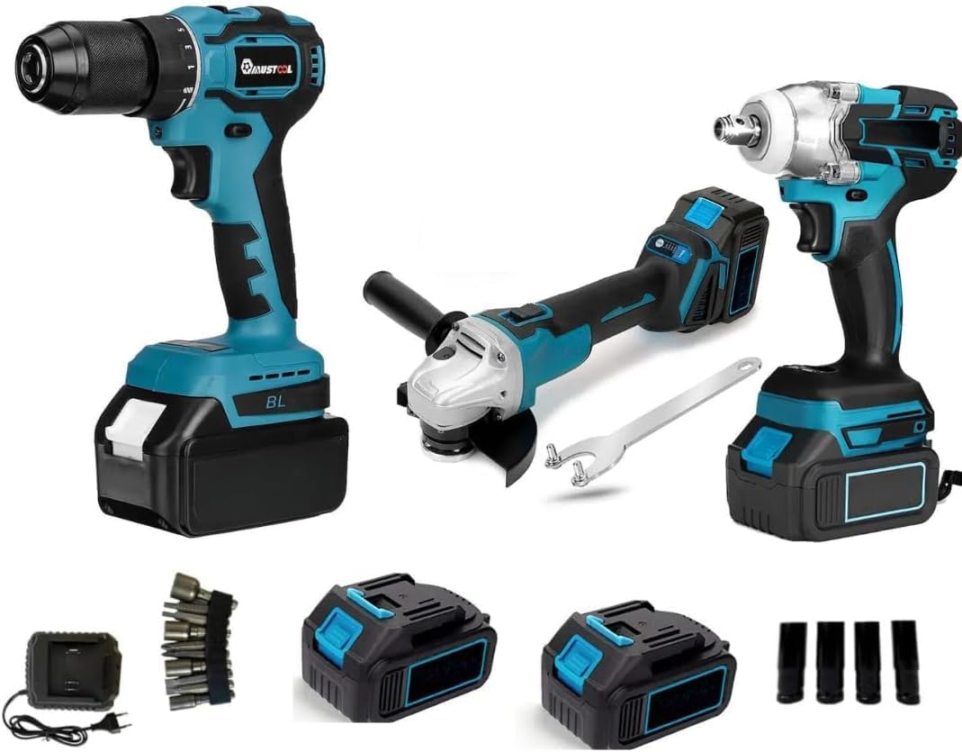 kit de 3 outils sans fil perceuse, meuleuse, boulonneuse  avec 2 batteries