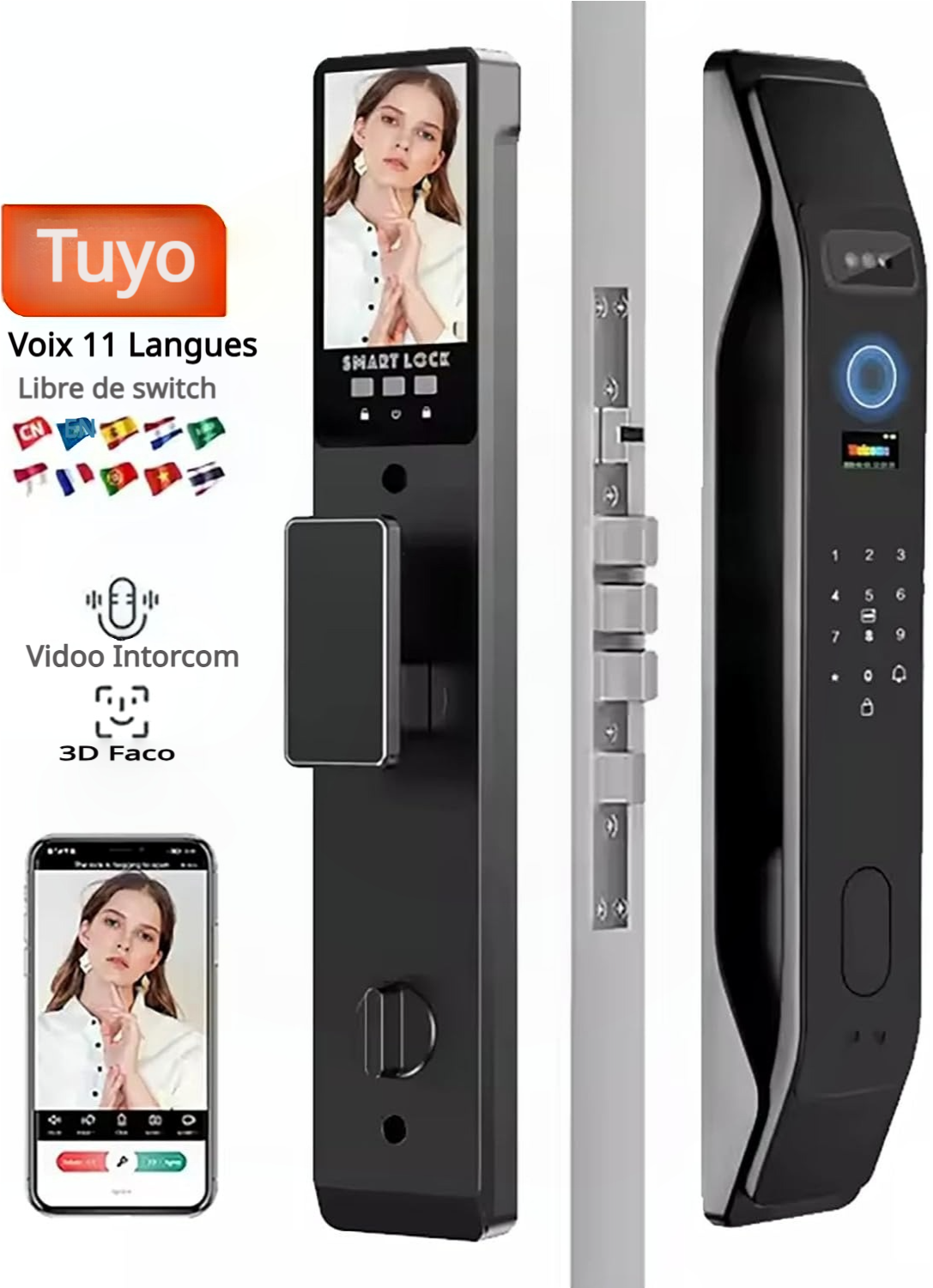 Serrure intelligente à reconnaissance faciale 3D, avec caméra vidéo intégrée, Wi-Fi intégré, contrôle via application, kit de déverrouillage par empreinte digitale incluant cylindre et pêne dormant