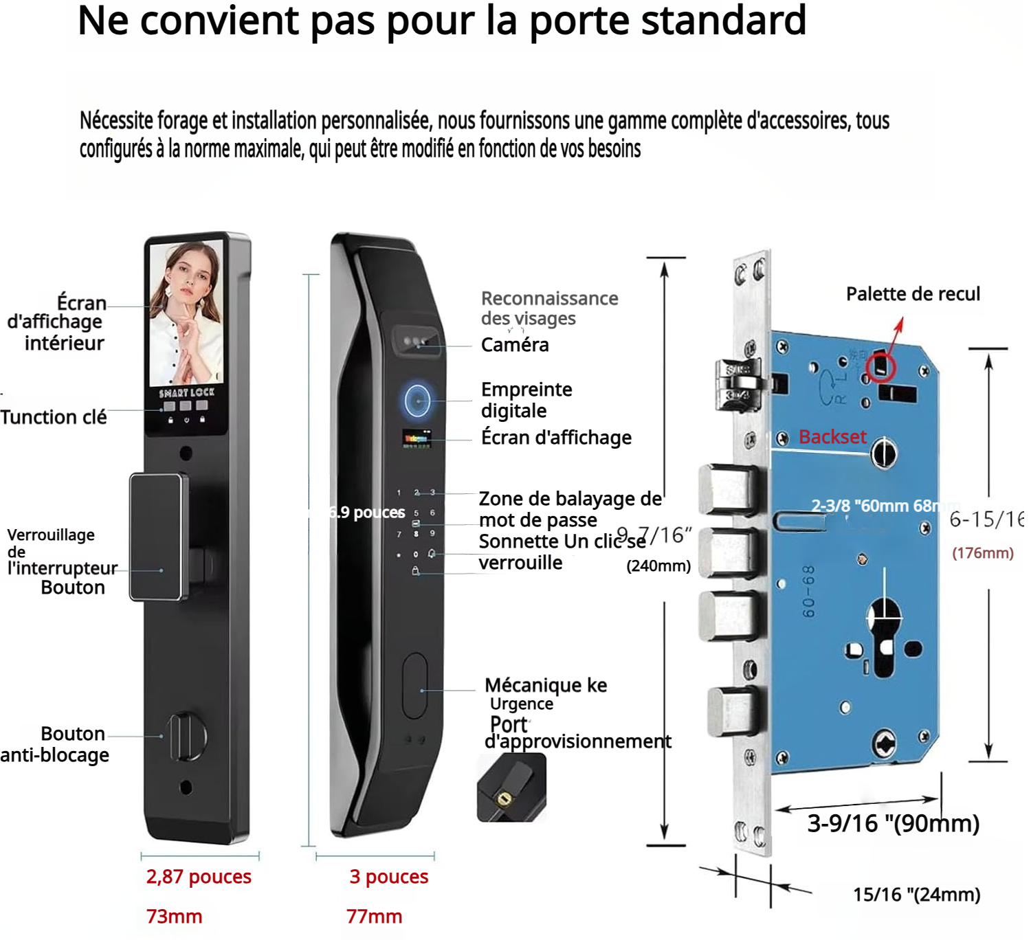 Serrure intelligente à reconnaissance faciale 3D, avec caméra vidéo intégrée, Wi-Fi intégré, contrôle via application, kit de déverrouillage par empreinte digitale incluant cylindre et pêne dormant