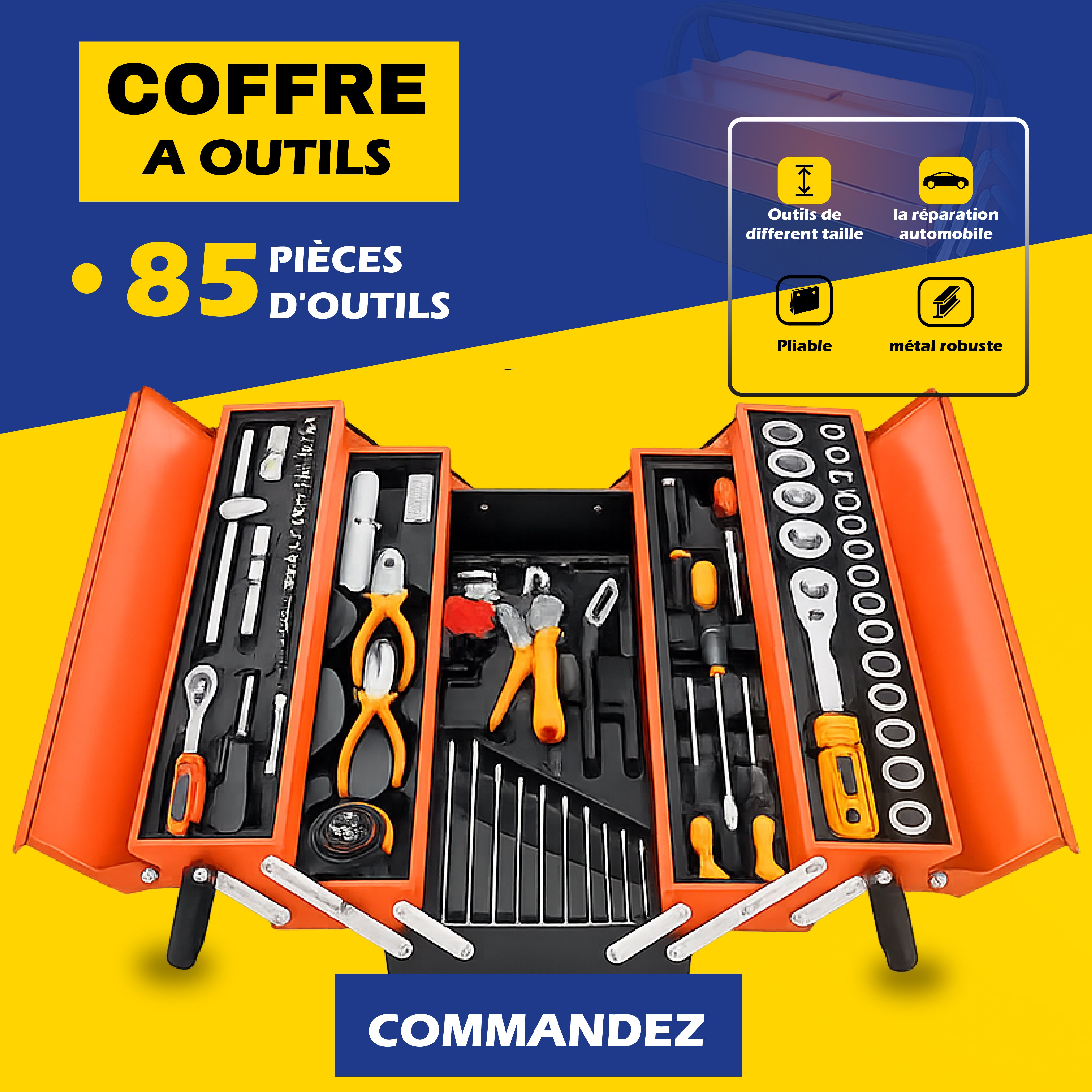 kit de 4 boîte à outils avec 85 pièces  outils ensemble d'outils  mécanique de réparation  manuel  AUTO MOTO GARAGE