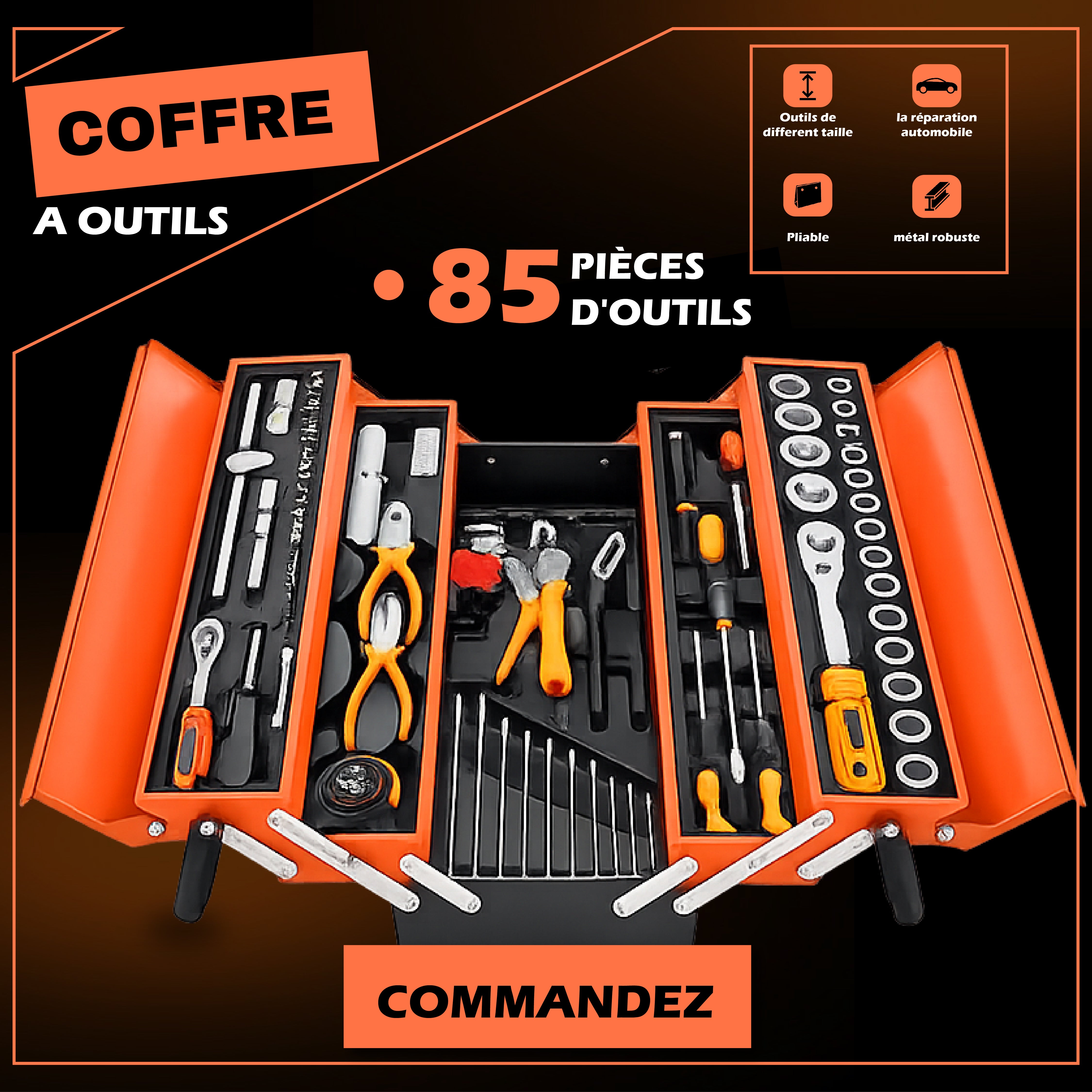kit de 4 boîte à outils avec 85 pièces  outils ensemble d'outils  mécanique de réparation  manuel  AUTO MOTO GARAGE