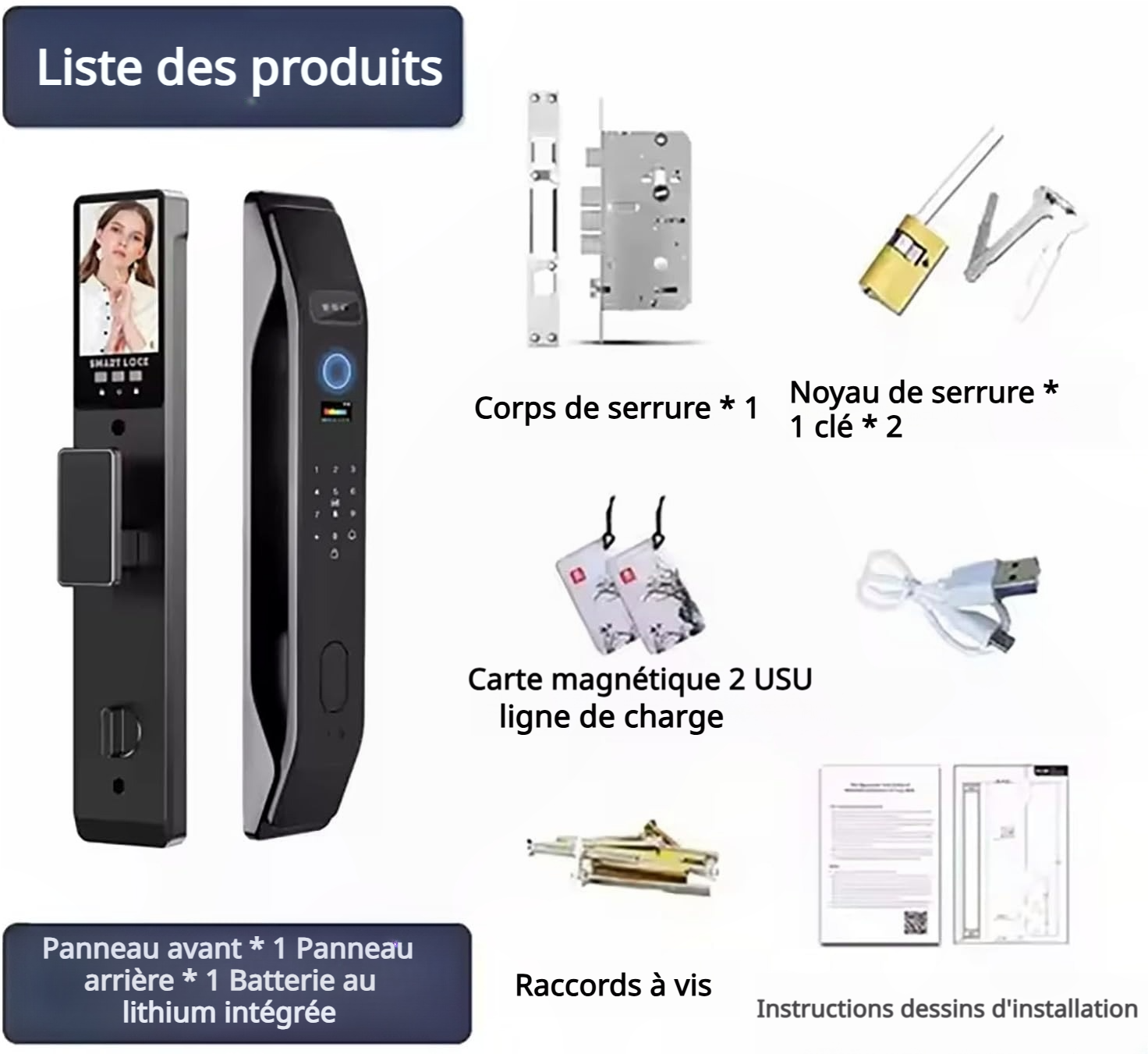 Serrure intelligente à reconnaissance faciale 3D, avec caméra vidéo intégrée, Wi-Fi intégré, contrôle via application, kit de déverrouillage par empreinte digitale incluant cylindre et pêne dormant